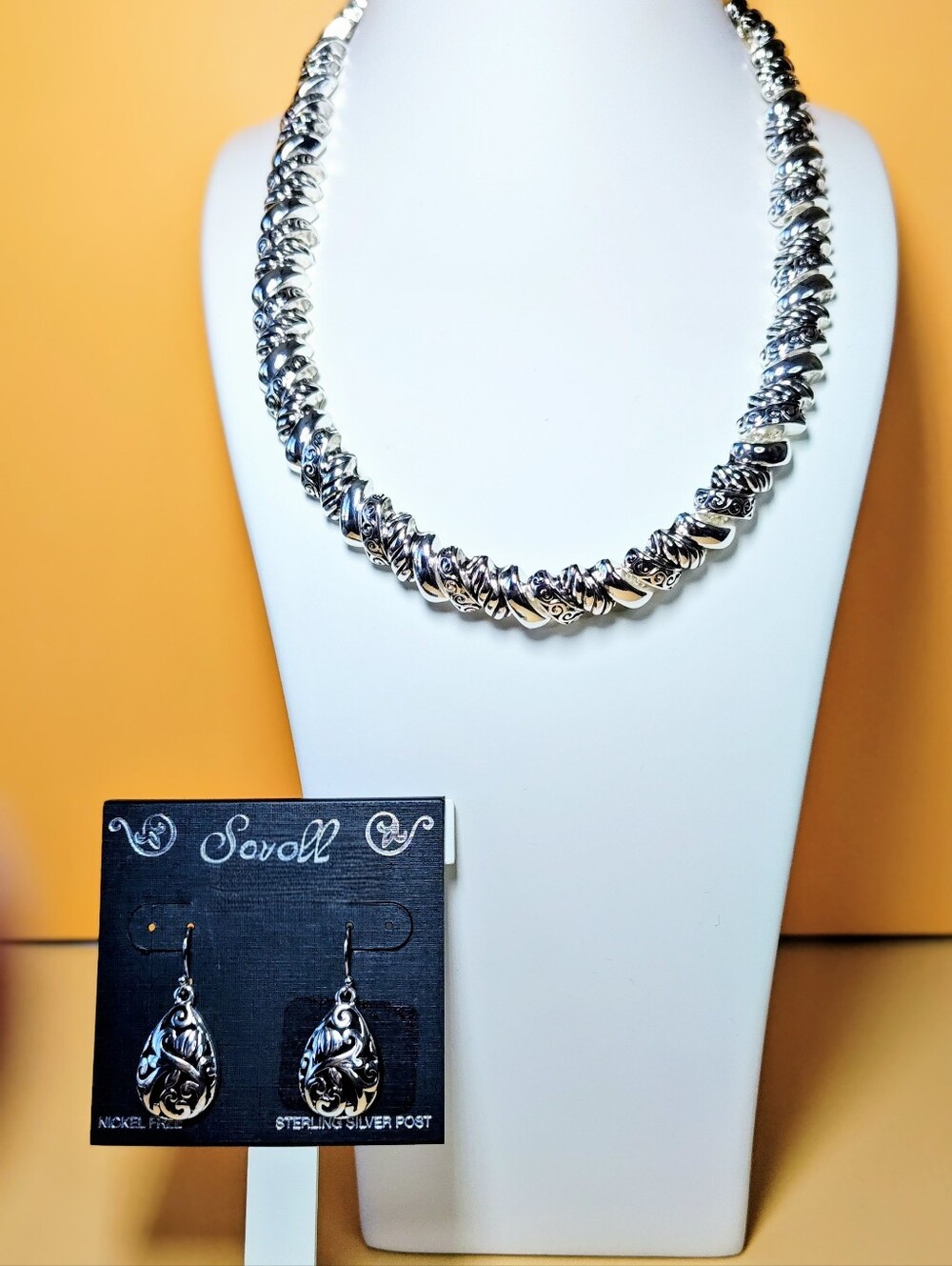 Silver-Tone Twisted Collar Necklace with Matching Drop Earrings - Silver
